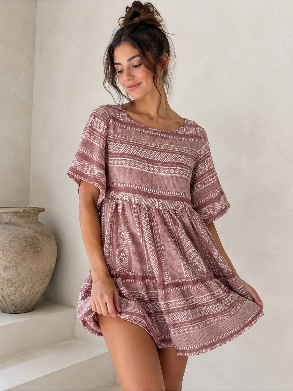 Maeve by Anthropologie Boho Babydoll Dress 🌸 Pink Tribal Print Mini Dress | M